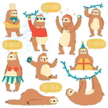 Hanging sloths. Wild tropical animal characters, funny lazy rainforest sloths vector illustration set. Cute hand drawn sloths