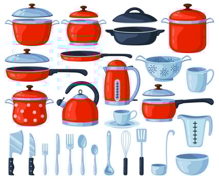 Kitchenware tools. Kitchen cooking and baking utensils, saucepan, frying pan, cutlery, kettle and colander. Kitchen utensils vector illustrations