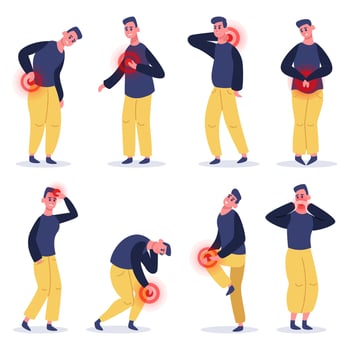 Male character in pain. Man suffering from pain, headache, backache and stomach ache. Painful hurts zones vector illustration set
