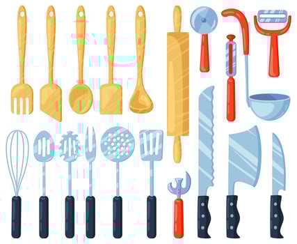 Kitchen utensils. Kitchenware cutlery tools, knives, forks, spatula and spoons. Cooking tableware equipment vector illustration set