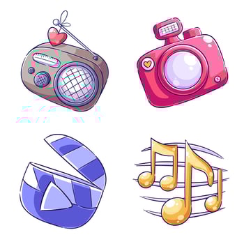 Radio, camera, play, and music notes design, hand drawn style set vector