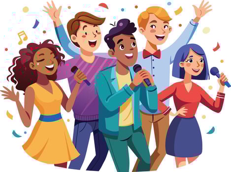 Group of happy young people singing karaoke together. Cartoon vector illustration.