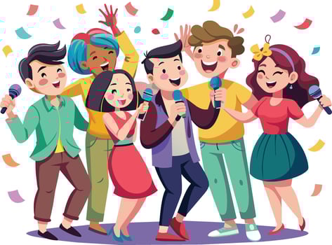 Group of happy young people singing karaoke with microphone vector illustration
