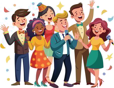 Group of happy people singing karaoke. Cartoon vector illustration.