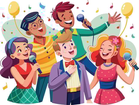 Cartoon karaoke party vector illustration. Group of people singing karaoke with microphones