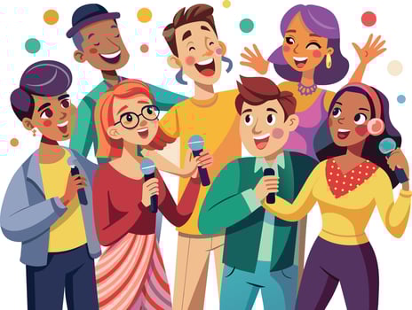 Happy group of people singing karaoke and having fun. Vector illustration