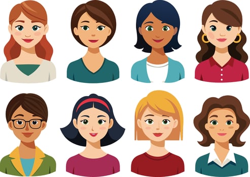 Set of diverse women avatars. Vector illustration in flat style.