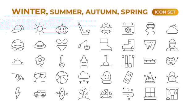 Spring, summer, autumn, and winter icon set. Weather icons. Weather forecast icon set. Clouds logo. Weather, clouds, sunny day, moon, snowflakes, wind, sun day. Outline icon collection. vector