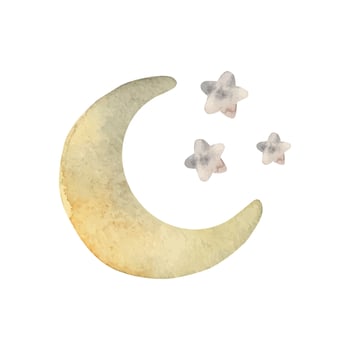 Composition with a yellow moon and silver stars. Isolated watercolor illustration for cards, stickers, textiles, design, invitations, website, logo. vector