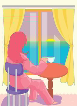 girl sitting on a bench with a cup of coffee in her hand, looking out the window enjoying the sunrise, vector illustration