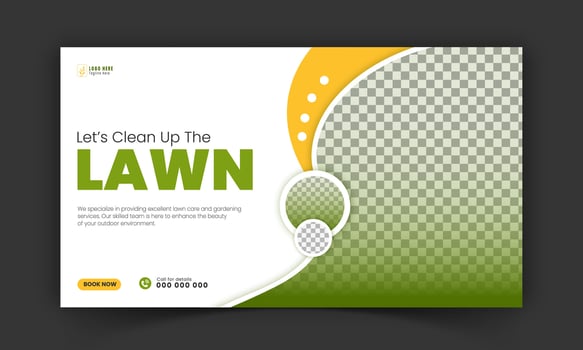 Lawn care and farming service video thumbnail design, modern lawn mower garden, or landscaping service with abstract green and yellow color shapes for social media cover, post, web banner template vector