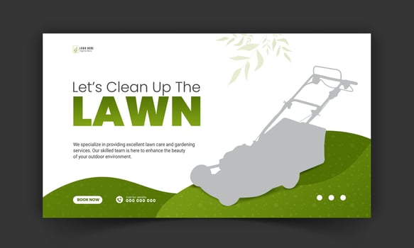 Lawn care and farming service video thumbnail design, modern lawn mower garden, or landscaping service with abstract green and yellow color shapes for social media cover, post, web banner template vector