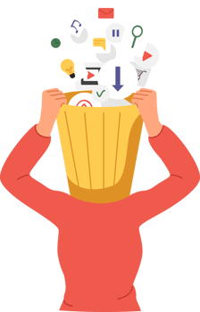 Garbage clogging woman brain, from multimedia icons above head with trash can. Concept of importance of meditation and brain cleansing to avoid burnout caused by overabundance of information png