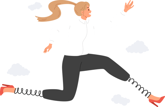 Ambitious business woman strives to achieve goals and jumps high using springs instead of legs. Ambitious manager in formal clothes smiles, rejoicing at opportunity to move to more profitable position png
