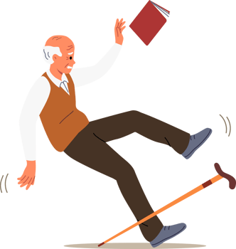 Accident involving elderly man who falls and slips on wet floor, risks injury or damage to spine. Accident with grandfather injuring book and cane when falling due to sharp pain in legs png