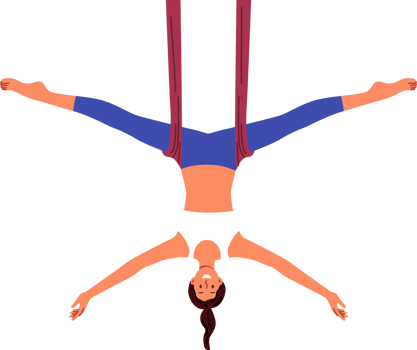 Woman practices aerial yoga, doing suspended stretching exercises to improve body health and flexibility. Aerial yoga trainer girl recommends enrolling in pilates or aerobics courses png