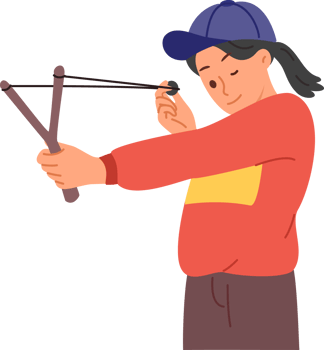 Little mischievous girl shoots with slingshot, closing one eye to aim at target during weekend. Child misbehaves by shooting at peers or glass with homemade slingshot with stretched rubber band. png