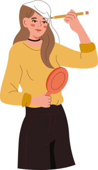 Woman draws own image with pencil and holds mirror in hands as metaphor for working to improve personality. Psychological concept of substituting one personality to another for deceive others. png