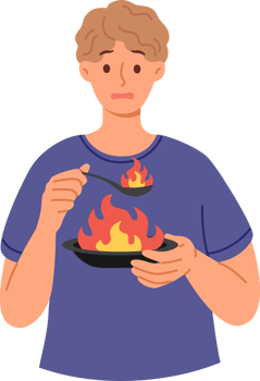 Man eats very spicy food, causing burning sensation in mouth due to overabundance of pepper, holding plate and spoon with flame. Guy eats spicy dish with spices, makes dissatisfied grimace png