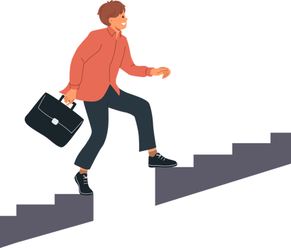 Business man grows professionally by climbing up stairs and overcoming obstacles from missing steps. Ambitious guy clerk, easily copes with problems that arise in business and career png