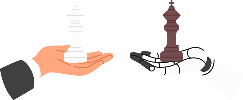 Chess kings in hands human and robot, competing in strategic planning and management knowledge. Confrontation human and robot, in board game with carriers with AI want to enslave humanity png
