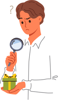 Business man examines suspiciously small gift box, using magnifying glass to spot catch. Official guy received gift as bribe for lobbying interests of company or unfair competition png