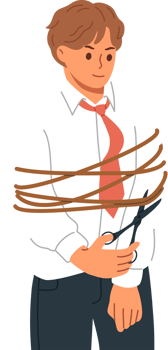 Successful business man freed himself from ropes limit movements and prevent from achieving success. Guy manager is freed from shackles hinder professional growth and career advancement png