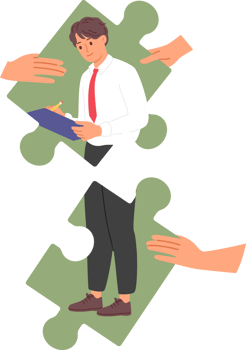 Successful man manager assembled from puzzle pieces stands with pencil and clipbord in hands. Guy manager of large corporation writes down names of employees who deserve bonus payment or punishment png