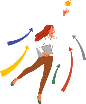 Ambitious woman strives for business progress, grabbing star from sky and reaching new level in career. Successful girl makes progress in job thanks to hard work and lack of laziness. png
