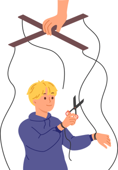 Independent boy frees himself from parental manipulation by cutting puppeteer ropes that interfere with self-development. Puppeteer hand is trying to control child and direct son in right direction png