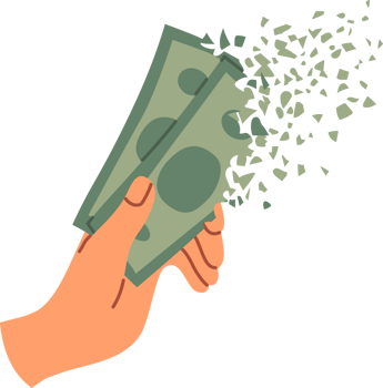 Money in person hands quickly disappears due to high inflation caused by crisis or lack of financial planning. Human loses earned money after accelerating inflation and rising living costs png