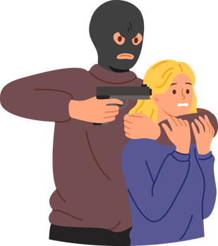 Man criminal holds frightened girl hostage, threatening with gun and demanding ransom or plane to airport. Criminal guy with gun in hand threatens victim to get rid of police pursuit png