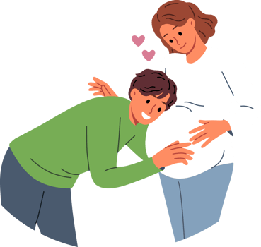 Future dad leans against belly of pregnant woman, listening to movements of baby in womb. Pregnant girl feels love and affection of groom, who is looking forward to birth of child. png
