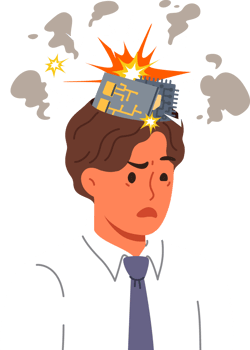 Man robot with exploding computer boards in head due to overload with work tasks. Bionic robot with damaged PCB instead of brain needs repair or replacement of components with new ones png