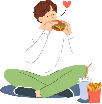 Man eats hamburger with sausage and cheese, sitting on floor and enjoying taste of fast food from street restaurant. Guy enjoys hamburger or cheeseburger prepared according to perfect recipe png