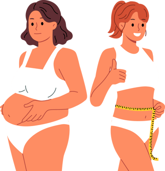 Slender woman fitness trainer stands near client suffering from obesity and shows thumbs up, promising quick weight loss. Female fitness trainer with measuring tape in hands, proud of achieved result png