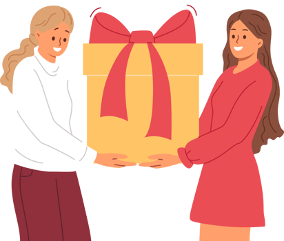 Two women are holding large gift box with red bow, rushing to congratulate hero of day on birthday. Cheerful friends have prepared gift for winner of repost contest on social networks png