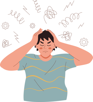 Man suffers from headache caused by overabundance of information, clutching head in attempt to drown out pain. Student guy, tired from studying at university, feels pain in neck and needs rest png