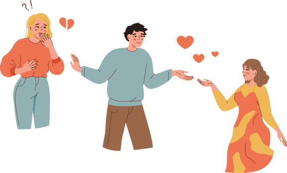 Love triangle of man confused in romantic feelings and choosing between two women. Vavilas guy leaves upset girlfriend after meeting new lover, with whom wants to start family and have children png