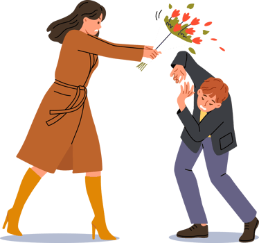 Woman hits groom with bouquet because of betrayal and finding out fact of adultery. Conflict between man and angry girlfriend, reacting negatively to advances or gifts, after adultery png