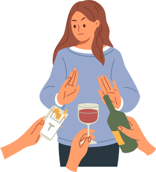 Woman gives up bad habits and makes stop gesture, rejecting offer to smoke or drink alcohol. Young casual girl overcome addiction and no bad habits near hands with cigarettes or wine png