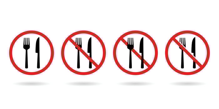 Eating prohibited icon vector. Cutlery and prohibition sign. Anti spyware icon symbol illustration. vector