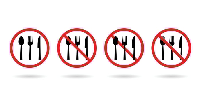 Eating prohibited icon. Cutlery and prohibition sign. Anti spyware icon symbol illustration. vector