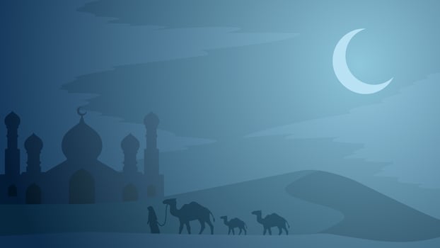 Ramadan landscape vector illustration. Mosque in the desert with camel and a muslim at night. Mosque landscape for illustration, background or ramadan. Eid mubarak landscape for ramadan event