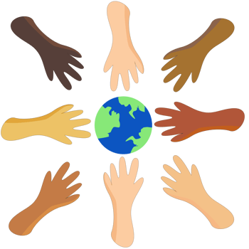 Multi ethnic group holding hands to earth. Unity, support and collaboration concept png