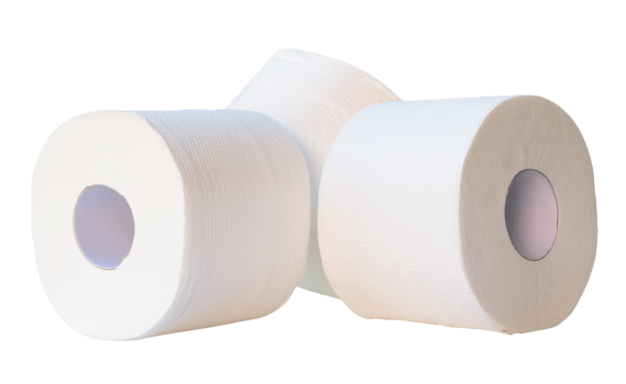 Front view of white tissue paper or toilet paper rolls in stack isolated with clipping path in png file format