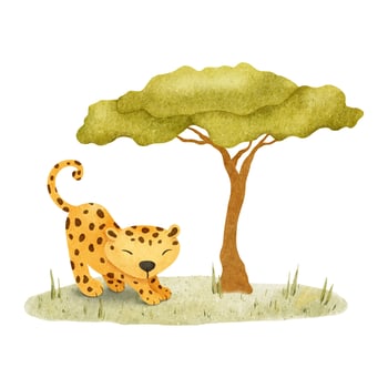 Cute baby leopard on meadow. African feline animal and southern tree. Isolated hand drawn watercolor illustration of cheetah cub. Kid's Safari for baby shower, cards, posters, kid's goods and rooms vector