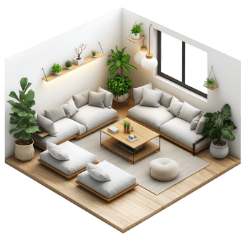 AI generated living room ,isometric on transparent background png