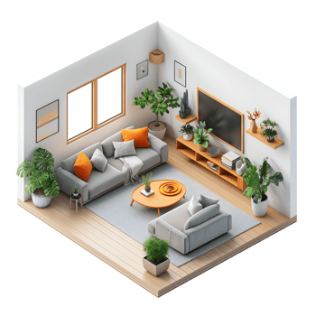 AI generated living room ,isometric on transparent background png