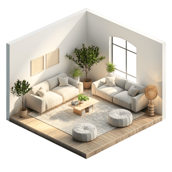 AI generated living room ,isometric on transparent background png